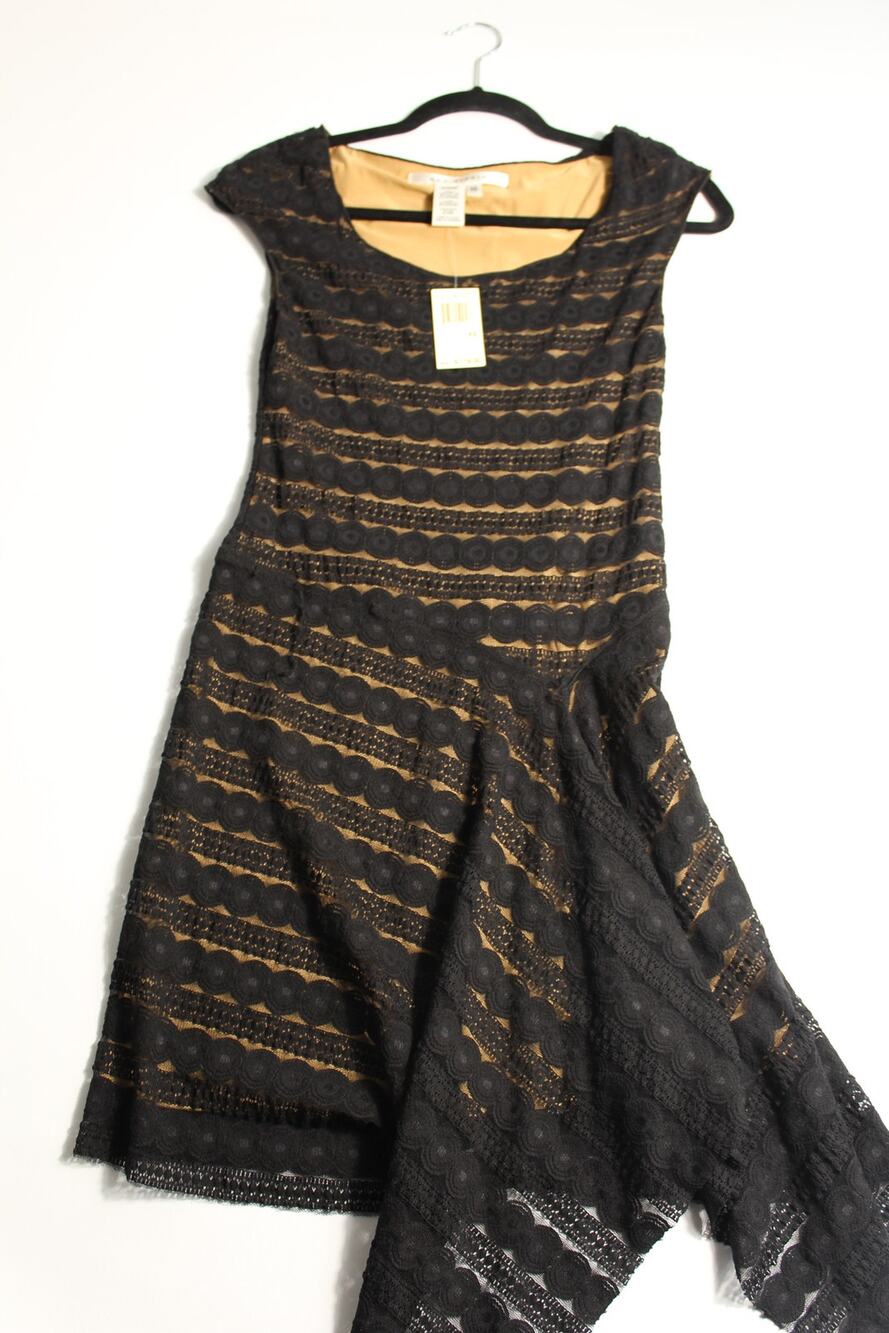 NWT Max Studio Black Lace Dress NudeLining Asymmetrical Handkerchief Hem Size XS